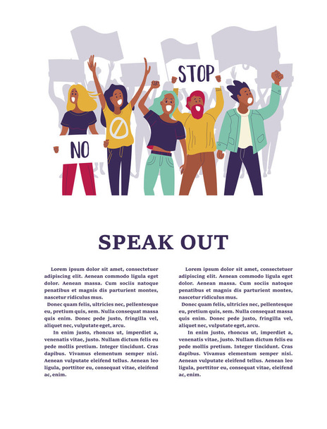 A group of men and women take part in the protest. People holding posters. Colorful vector illustration. - Vector, Image
