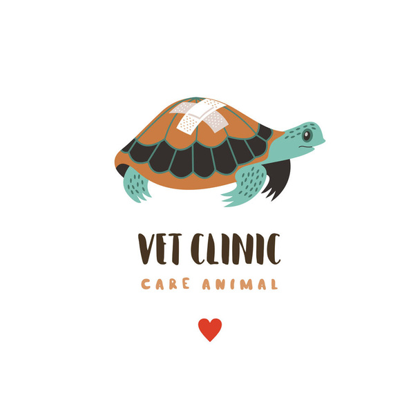 Hausschildkröte mit einem Pflaster am Panzer. Tierärztliche Versorgung. Logo, Vektorabbildung für Tierklinik. - Vektor, Bild