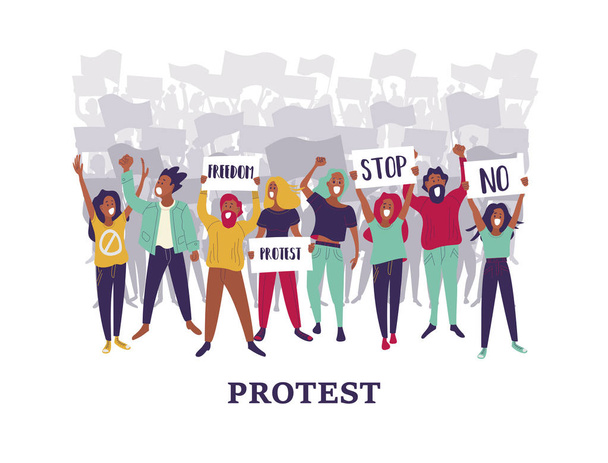 Kadın ve erkek bir grup protesto etmek için katılın. İnsanlar holding posterler. Renkli vektör çizim. - Vektör, Görsel