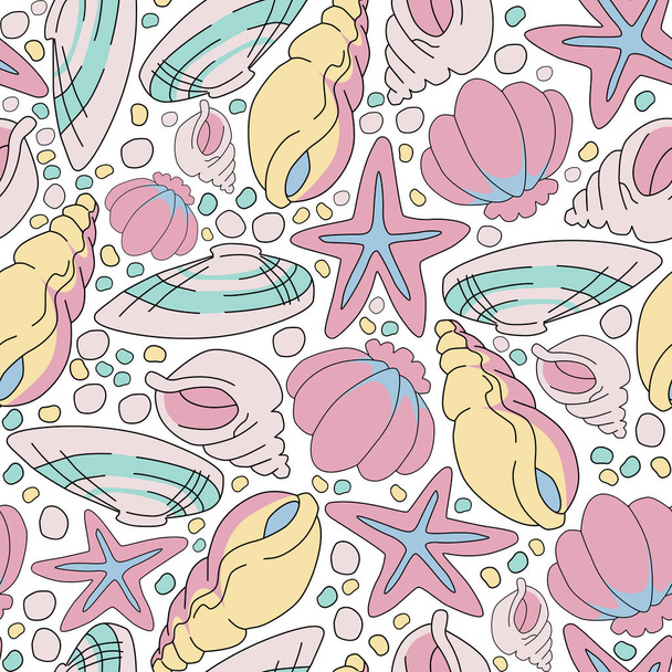Seamless pattern of seashells and starfishes - Вектор, зображення