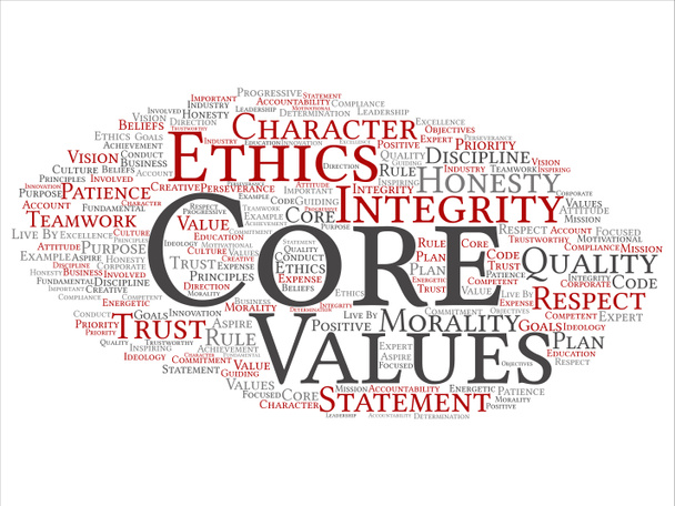 Conceptual core values integrity ethics abstract concept word cloud isolated background. Collage of honesty quality trust, statement, character, important perseverance, respect trustworthy text - Photo, Image