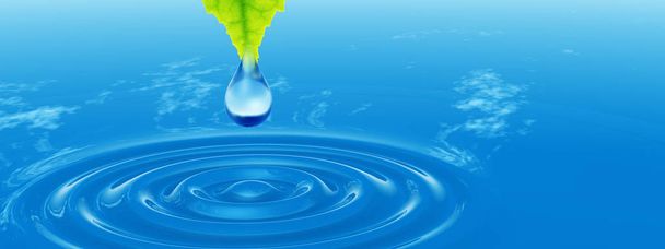 Έννοια ή εννοιολογική καθαρό νερό ή δροσιά πτώση πτώση από ένα πράσινο φρέσκο φύλλο σε 3d απεικόνιση μπλε καθαρά νερά κάνοντας κύματα banner - Φωτογραφία, εικόνα