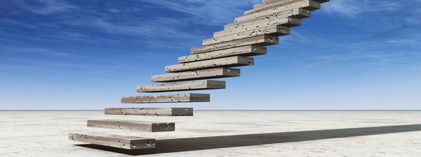 Konzept oder konzeptionelle 3D-Illustration Treppenstufen zum Himmel auf Himmelshintergrund in der Wüste mit Wolkenbanner - Foto, Bild