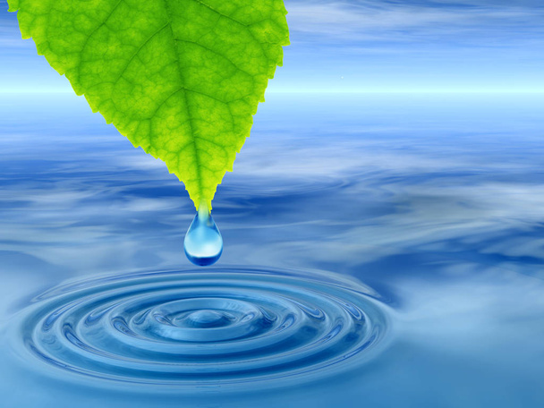 Concept or conceptual clean spring water or dew drop falling from a green fresh leaf on 3D illustration blue clear water making waves - Photo, Image