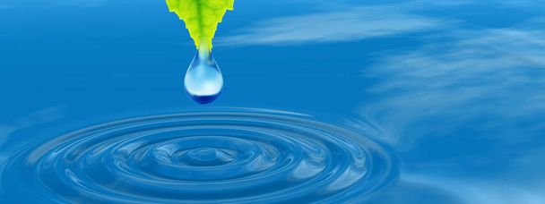 Concepto o conceptual agua de manantial limpia o gota de rocío que cae de una hoja verde fresca en la ilustración 3D agua azul clara haciendo pancarta de olas
 - Foto, Imagen