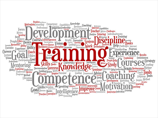 Vektor-koncepció vagy fogalmi tréning, coaching, illetve a tanulási, szó felhő elszigetelt háttér tanulmány. Kollázs a mentorálás, fejlesztési, motiváció, készségek, karrier, potenciális célok vagy kompetencia szöveg - Vektor, kép