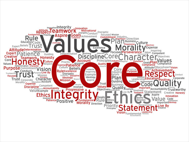 Fogalmi alapvető értékek integritását etikai absztrakt fogalom szó felhő elszigetelt háttér. Kollázs őszinteség minőségi bizalom, nyilatkozat, karakter, fontos kitartás, tisztelet megbízható szöveg - Fotó, kép