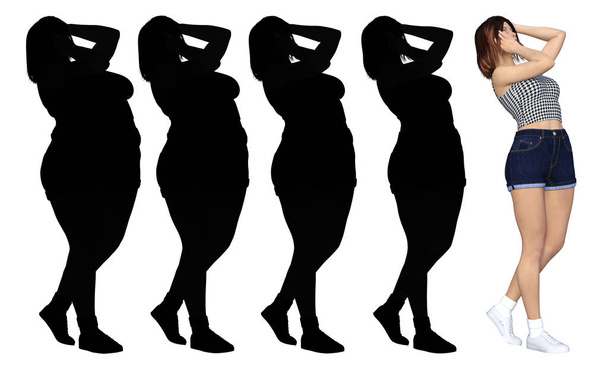 Koncepcyjne tłuszczu nadwaga otyłość kobieta vs slim fit zdrowego ciała po odchudzaniu lub diety z mięśnie cienkie kobieta młody na białym tle. Fitness, odżywianie i otłuszczenia otyłości, ilustracja kształt 3d - Zdjęcie, obraz