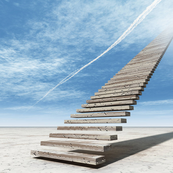 Escalera conceptual de ilustración 3D escalones al cielo en el fondo del cielo en el desierto con nubes
 - Foto, Imagen