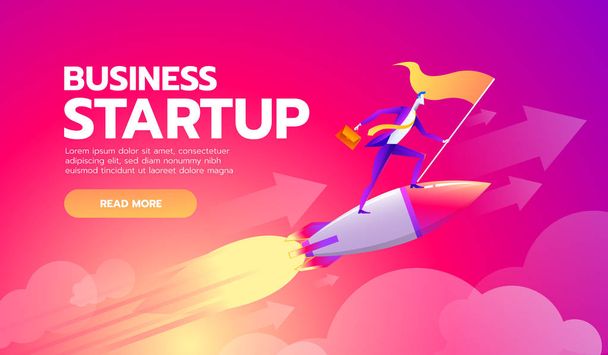 Happy successful businessman holding goal flag standing on rocket ship flying through starry sky. business startup concept - Vector, Image