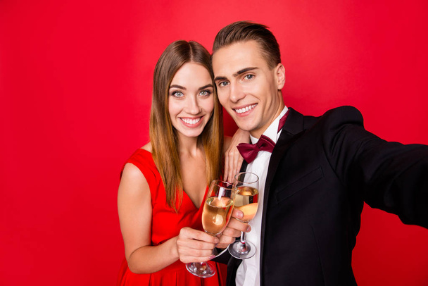 Self-portrait of two lovely classy cheerful positive people hold - Фото, зображення