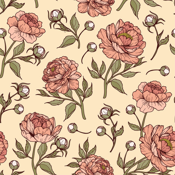 Vintage peony flower with buds and leaves. Cartoonish style. Vector illustration. Perfect for print, textile, cards and apparel. - Vektori, kuva