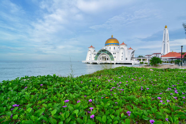 Reggeli kilátás a Malacca Straits Mosque (Masjid Selat Melaka),-a ' egy mecset közelében Malacca városba, Malajzia a mesterséges Malacca-szigeten található - Fotó, kép