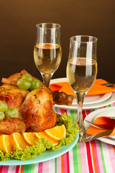 banquet table with roast chicken on brown background close-up. Thanksgiving Day - Photo, Image