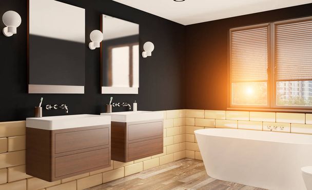 Cuarto de baño moderno con ventana grande. Representación 3D. Puesta de sol
 - Foto, imagen