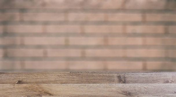 blank wooden table. Flooring. Texture of an old red brick. Vintage - Φωτογραφία, εικόνα