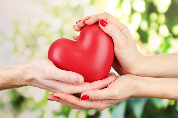 Red heart in woman and man hands, on green background - Fotoğraf, Görsel