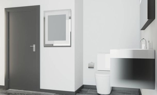Spacious bathroom in gray tones with heated floors, freestanding tub. 3D rendering. Empty picture - Φωτογραφία, εικόνα