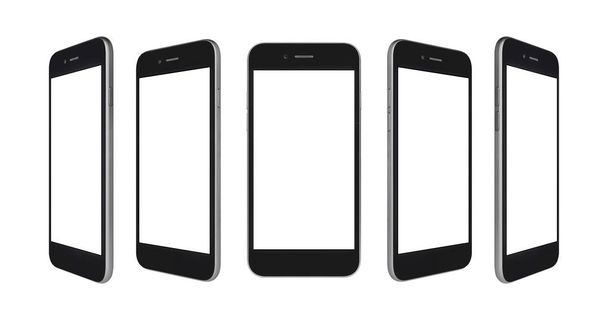 Perspektivisches Konzept des schwarzen und grauen leeren Bildschirms Smartphone isoliert auf weißem Hintergrund - Foto, Bild