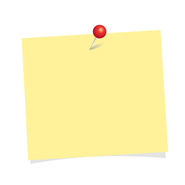 白い背景で隔離赤いピンで黄色のメモ紙 - ベクター画像
