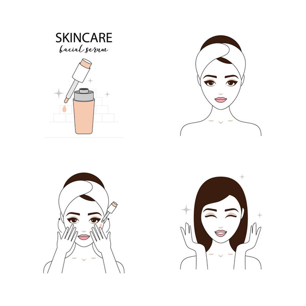 Bella donna prendersi cura del suo viso. Passaggi illustrati come applicare un siero facciale. Set di illustrazioni foderate isolate
. - Vettoriali, immagini