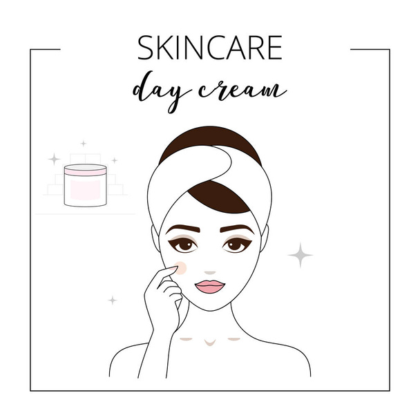 Woman using day cream, taking care about face. Lined vector illustration. - Vector, Image