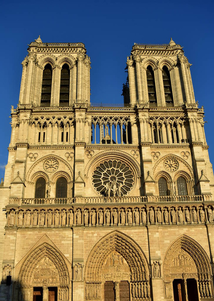 Notre Dame Kathedrale, Fassade mit Sonnenuntergang. Paris, Frankreich, sonniger Tag, blauer Himmel. - Foto, Bild