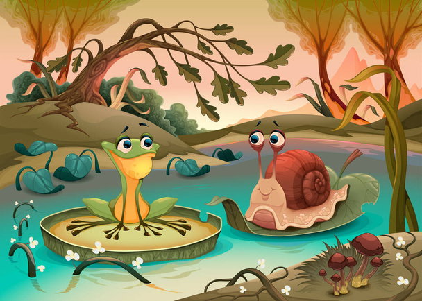 Friendship between frog and snail.  Vector cartoon illustration - Vector, Image