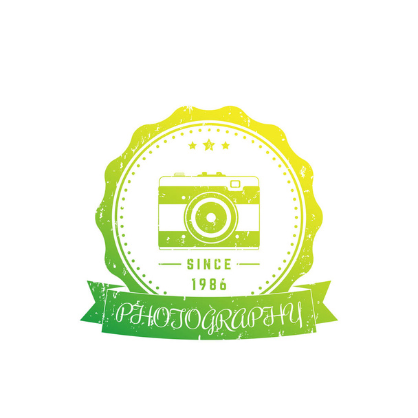 photography logo, vector badge with vintage camera - Vector, Image