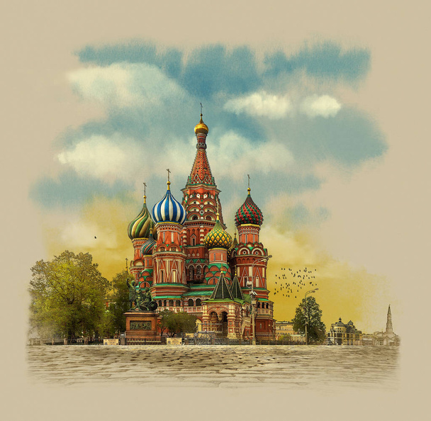 Roter Platz, Iwan die gesegnete Kathedrale, Moskau, Russland. Aquarellskizze. - Foto, Bild
