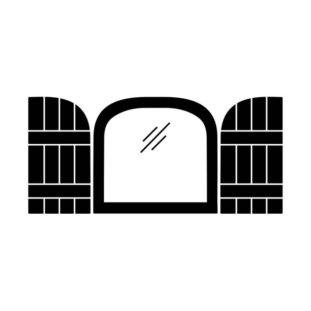 Черно-белая иллюстрация заклинания арочных окон. Векторная плоская икона деревянной винтажной наружной жалюзи. Изолированный объект на белом фоне
 - Вектор,изображение