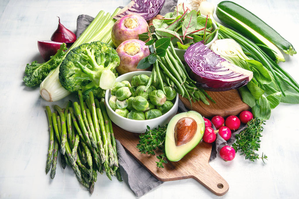 top view of Seasonal vegetables for healthy salad on tabletop - Foto, Imagem