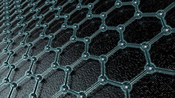 3D illustratie van een gloeiende kristalrooster van grafeen koolstof molecuul, supergeleider, materiaal van de toekomst, op een donkere achtergrond. Het idee van nanotechnologie. 3D-rendering - Foto, afbeelding