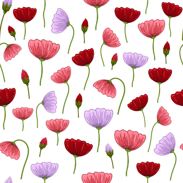 nahtloses Muster mit romantischen Blumenelementen. Endlose Textur für Frühlingsdesign auf weißem Hintergrund - Vektor, Bild