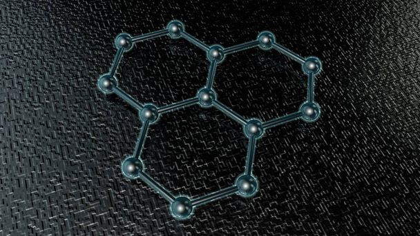 3D ilustracja świecące fragmentu sieci krystalicznej Grafen, cząsteczki węgla, nadprzewodnik, materiał przyszłości, na ciemnym tle. renderowania 3D - Zdjęcie, obraz