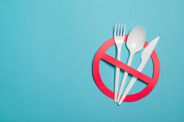 Say No to Plastic Cutlery, Plastic Pollution and Environmental Protection Concept, Top View - Фото, зображення