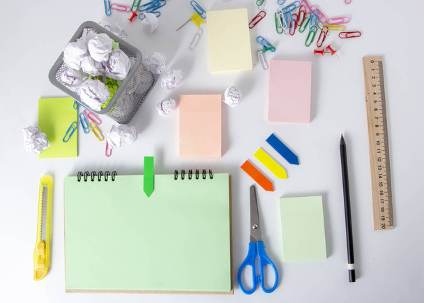School and office supplies. Top view. on white background with copy space. Background - 写真・画像