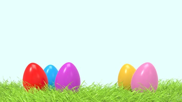 Värikäs pääsiäismunia keväällä vihreä ruoho zoomata vapaata ja tyhjää tilaa suunnitteluun tai tekstiin. Pääsiäinen loma käsite animaatio. 3D-renderointi
 - Materiaali, video