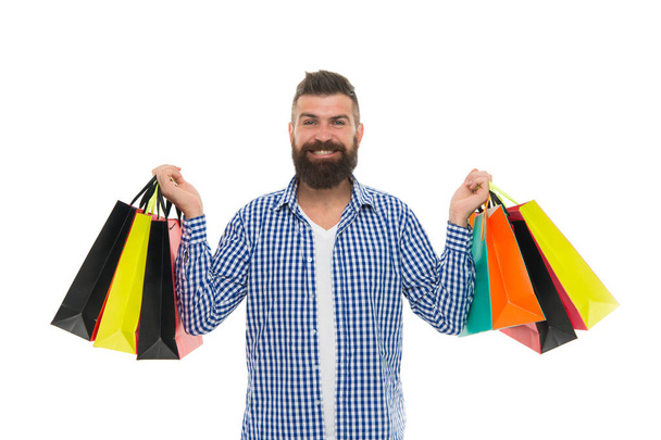 brutal caucasian hipster with moustache. Shopping sale. Male barber care. Black Friday. Cyber Monday. Bearded man with shopping bags.. Mature happy hipster with beard. Perfect day - Foto, imagen