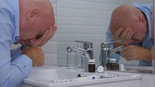 Disappointed Man in Toilet Room Suffering and Feeling Sick Think to Take Pills - 写真・画像