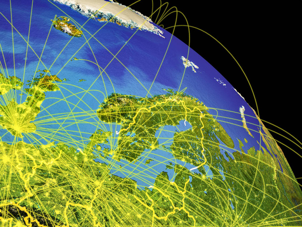 Norte da Europa a partir do espaço com fronteiras de país e trajetórias que representam comunicação global, viagens, conexões. Ilustração 3D. Elementos desta imagem fornecidos pela NASA
. - Foto, Imagem