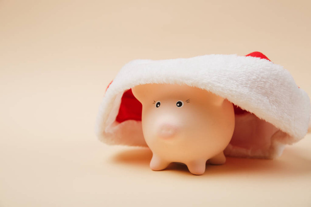 Close up of pink piggy money bank with Christmas hat isolated on pastel beige background. Money accumulation, investment, banking or business services, wealth concept. Copy space advertising mock up - 写真・画像