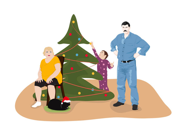 Family at the Christmas tree. Grandfather, grandmother, cat and grandson. The boy hangs Christmas balls. Vector illustration - Vector, Image