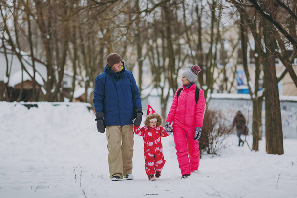 Boldog család nő, a férfi és a kislány télen meleg ruhát, séta a havas park vagy az erdő a szabadban. Téli szórakozás, a nyaralás szabadidős. Szeretik gyerekkori kapcsolat családi emberek életmód fogalma - Fotó, kép