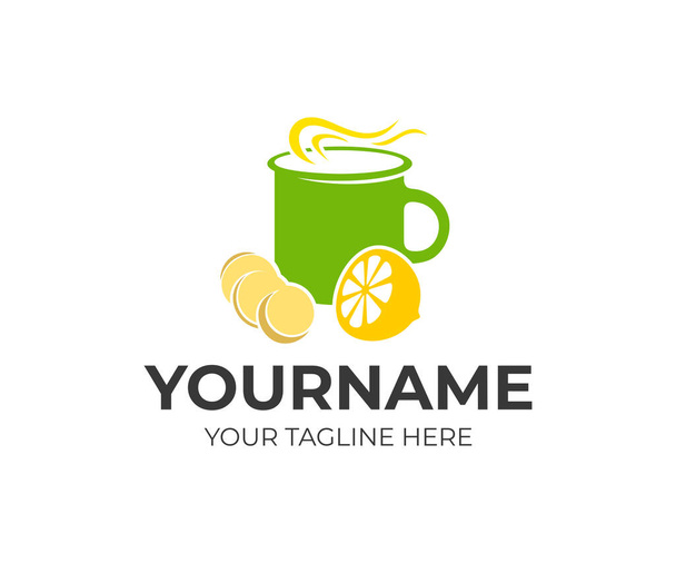 Metal, enamel cup with tea and coffee, ginger and citrus, logo design. Beverage, drink, cafe and restaurant, vector design and illustration - Vector, Image