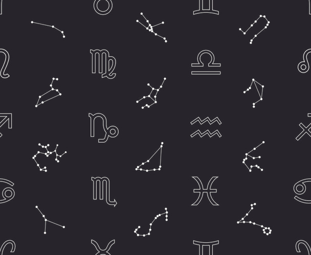 Vector. Seamless pattern for decoration, design. Astronomy different white simple geometric representation of the zodiac signs and constellations for horoscope on a black background - Vector, Image