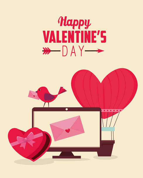 bird with chocolate and computer with valentine card - Vector, Image
