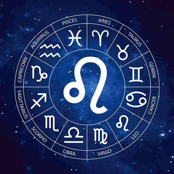 Διάνυσμα. Γραφικό αστρολογία στο κοσμικό υπόβαθρο έναστρο ουρανό. Μια απλή γεωμετρική αναπαράσταση του το ζώδιο για ωροσκόπιο Leo με τίτλους, γραμμικό σχέδιο απομονωμένο εικονογράφηση - Διάνυσμα, εικόνα