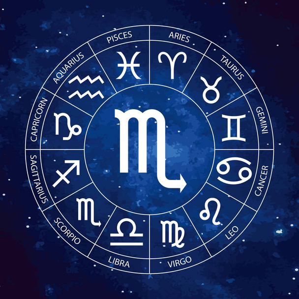 Διάνυσμα. Γραφικό αστρολογία στο κοσμικό υπόβαθρο έναστρο ουρανό. Μια απλή γεωμετρική αναπαράσταση του το ζώδιο για ωροσκόπιο Σκορπιός με τίτλους, γραμμικό σχέδιο απομονωμένο εικονογράφηση - Διάνυσμα, εικόνα