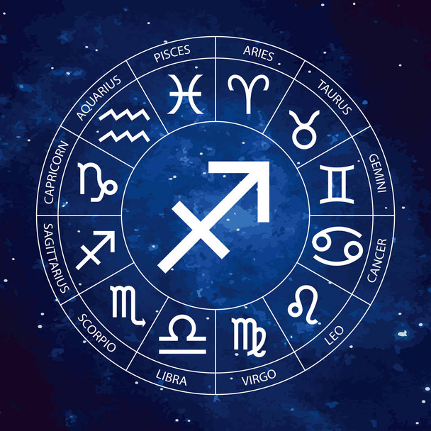 Διάνυσμα. Γραφικό αστρολογία στο κοσμικό υπόβαθρο έναστρο ουρανό. Μια απλή γεωμετρική αναπαράσταση του το ζώδιο για ωροσκόπιο Τοξότη με τίτλους, γραμμικό σχέδιο απομονωμένο εικονογράφηση - Διάνυσμα, εικόνα
